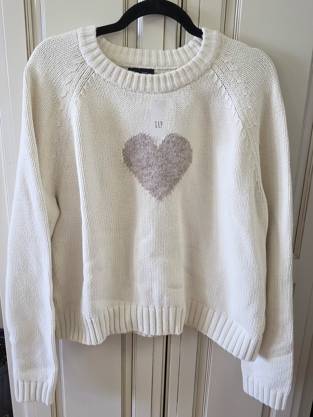 Large GAP Cream Crewneck Sweater with Fuzzy Taupe Heart